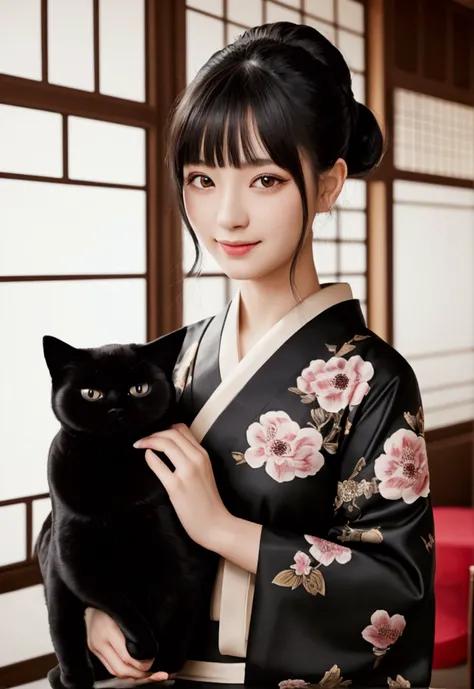 masterpiece, best quality, ((1 woman holding a black shorthair cat)),, illustration, Super detailed, fine details, High resolution, 8K quality wallpaper, Perfect dynamic composition, Beautiful and delicate eyes, kimono, 勻稱的kimono外觀,  Smile, looking at came...