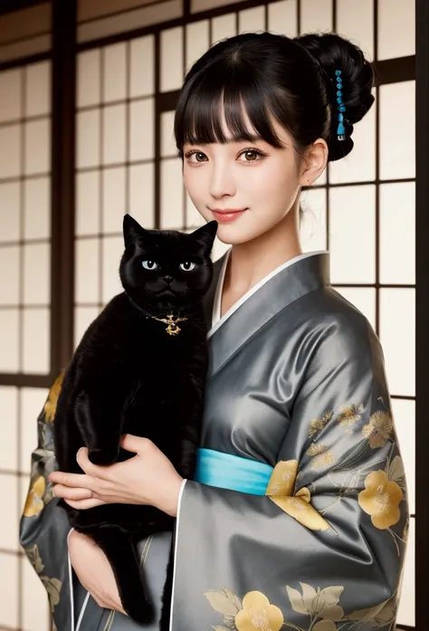 masterpiece, best quality, ((1 woman holding a black shorthair cat)),, illustration, Super detailed, fine details, High resolution, 8K quality wallpaper, Perfect dynamic composition, Beautiful and delicate eyes, kimono, 勻稱的kimono外觀,  Smile, looking at came...