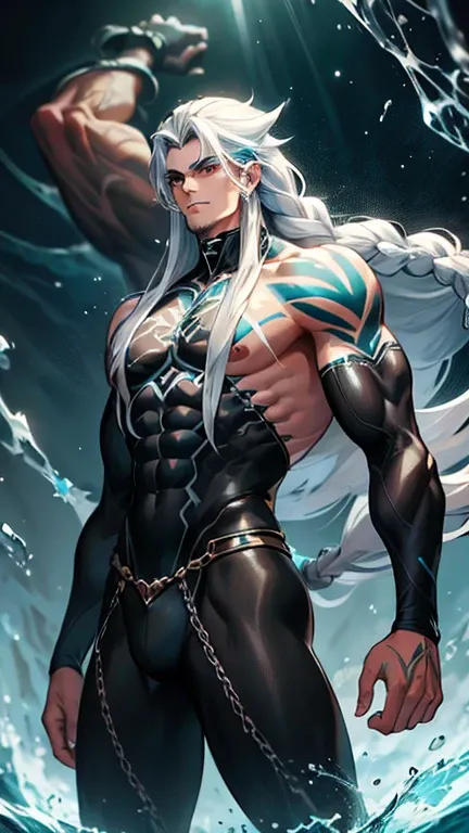 Tall, handsome, strong, muscular man with long hair tied in silver braids, wearing litmus lenses, a black lycra set with electric blue,big dark circles, red eyes and tattoos of a white shark on his arms