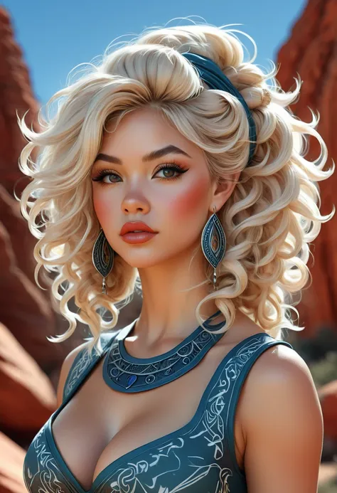 Thirst trap photo of a beautiful gnome women. Southwestern vibe and dress. Southwestern earrings, and jewelry. Her blonde hair is coarse, wiry, tightly curled, and densely packed, with a rough texture prone to frizz and tangling. official art is an award-w...