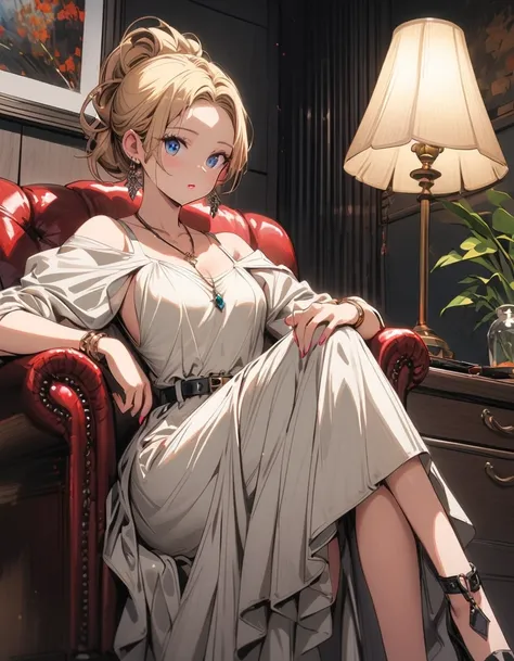 ((1 Female, (alone, One girl, alone), amber, Blonde, blue eyes, Tied Hair)), Conceit, ((alone, (1 Female, Pink lipstick), Very detailed, Ambient Soft, (( White Dress, Long dress, Elegant Dresses, Costume, Black belt, sitting in an armchair, Crossing your l...