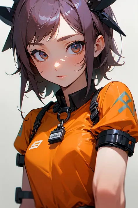 ((best quality)), ((masterpiece)), (detailed), perfect face, girl prionser with orange prionser shirt and barefoot, with handcuff, footcuff or shackles