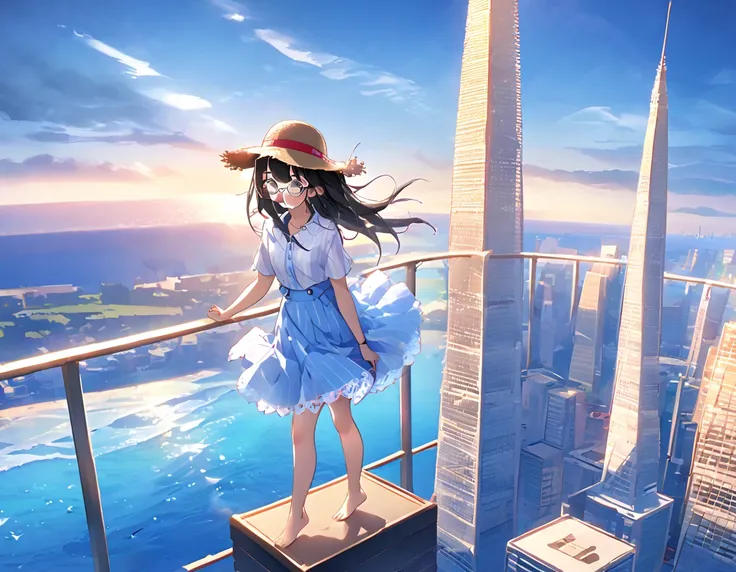 White and light blue striped shirt、Light blue long flared skirt、The wind blows and my skirt flips up、Showing off cute white lace underwear、barefoot、Long Black Hair、Glasses、Straw hat、Standing at the top of a very tall tower、The sea stretches to the horizon、...