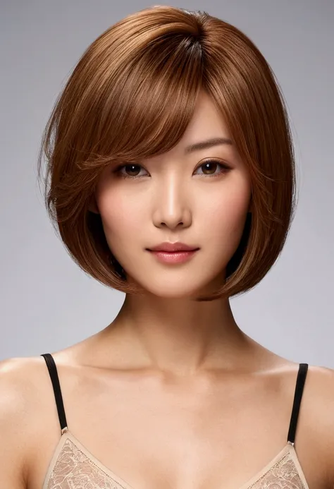 Japanese 18t lady. B84W56H88 best quality. photorealistic. 8K. cleavage (between breasts). Sexy and transparent underwear. hairstyle:The hairstyle depicted is a stylish, modern bob cut in a light brown color. This bob is medium length, ending at the jawlin...