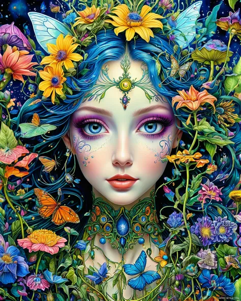 masterpiece), high resolution, highly detailed, detailed background, visionary art style masterpiece of fairys among the flowers come to see their queen, dmt,psychedelic, lsd art, multi-layered Illustration, high contrast,HDR, hyper-detailed,hyper-realisti...