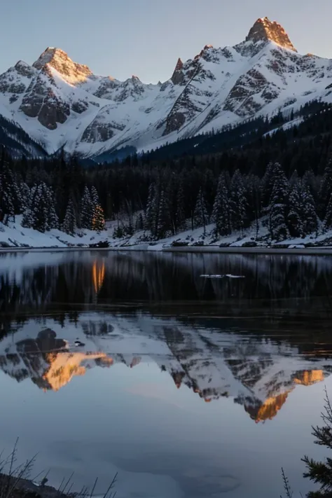 A sunset on a lake with snowy mountains in the background 