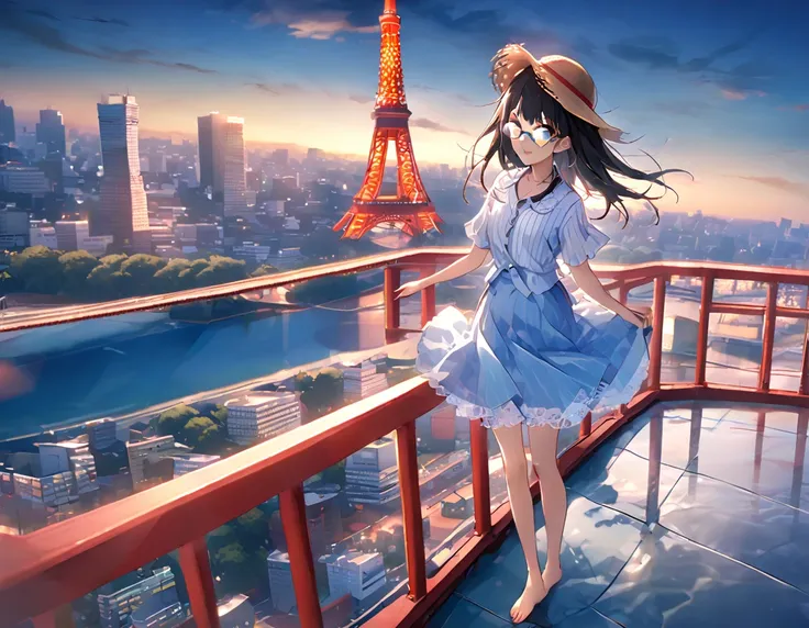 White and light blue striped shirt、Light blue long flared skirt、The wind blows and my skirt flips up、Showing off cute white lace underwear、barefoot、Long Black Hair、Glasses、Straw hat、Standing at the top of Tokyo Tower、Surrounded by the sea、The sea stretches...