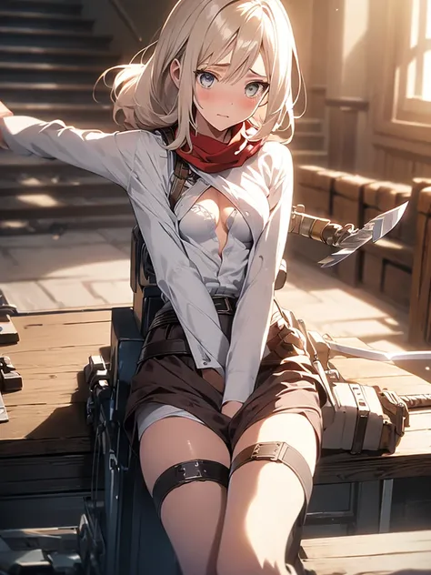 Historia, pantie tug, small breasts, blue bra, blushed , noughty face, sitting on stair, push breasts inward, white shirts with exposed breasts, belt, thigh strap, red scarf, white pants, brown jacket, long sleeves, holding weapon, sword, dual wielding, th...