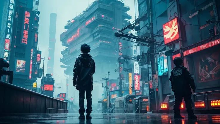 [Cyberpunk Style][anime　Ghibli style]Cyberpunk Styleの戦場で荒廃した街で、Standing in the palm of a giant robot、Back view of a little boy。The background is raining。The little birds are flying。I want to create an image that goes well with ambient music.。