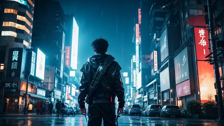 [Cyberpunk Style][anime　Ghibli style]Cyberpunk Styleの戦場で荒廃した街で、Standing in the palm of a giant robot、Back view of a little boy。The background is night and rain、The starry sky is shining。The little birds are flying。I want to create an image that goes well w...