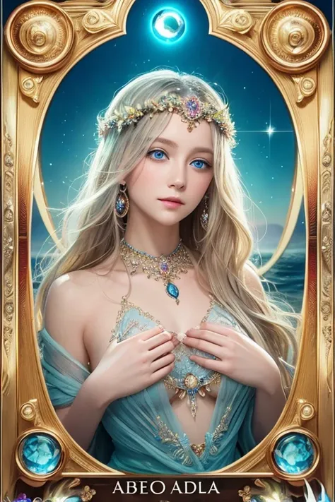 ((Highest quality)), ((masterpiece)), (detailed), Perfect Face,She is a goddess born from the sea,Her blue eyes and sparkling blonde hair blend in with the ocean waves.,Crystal Shining Gemstone,Covered up to the neck,Covered up to the chest,Fractal Art,Fan...