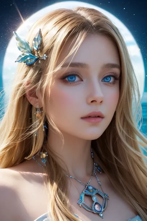 ((Highest quality)), ((masterpiece)), (detailed), Perfect Face,She is a goddess born from the sea,Her blue eyes and sparkling blonde hair blend in with the ocean waves.,The bold composition is used effectively.,Crystal Shining Gemstone,Covered up to the ne...