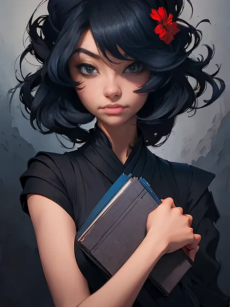 a painting of a woman in a black dress holding a book, by Russell Dongjun Lu, artwork in the style of guweiz, guweiz on artstation pixiv, guweiz on pixiv artstation, 🌺 cgsociety, by Yanjun Cheng, guweiz masterpiece, gothic princess portrait, cgsociety 4k”,...