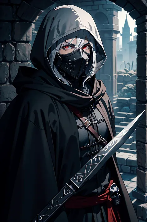 An assassin, male, fantasy character, physically strong, wearing a skull mask covering his face and eyes, dressed in black medieval attire, with a white hooded cloak over it, gray hair, short hair, red eyes, holding a dagger, nighttime background.