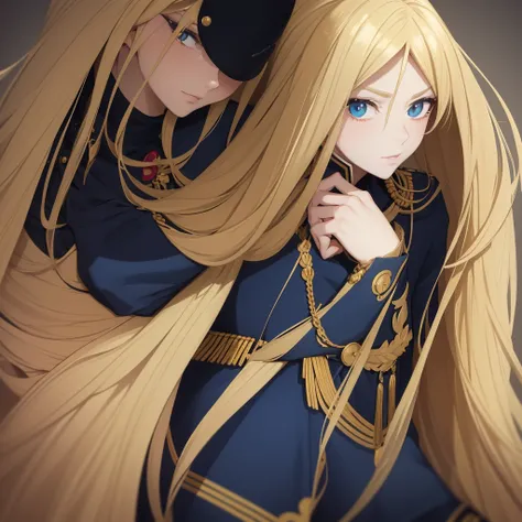  "A portrait of an anime-style female character with delicate features, long blonde hair, wearing a uniform inspired by Napoleonic military fashion. The outfit should include a coat with ornate epaulets and gold buttons. The uniform is predominantly navy b...