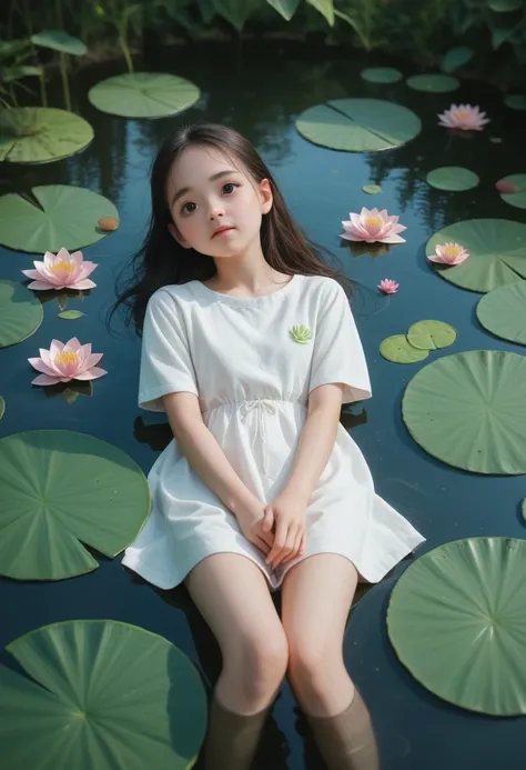 There is a girl sitting on a leaf, (white clothes), fresh color scheme, there is a plush toy, Guvez style artwork, popular on cgstation, illustrated by Li Song, soft anime, lying on a water lily mat, sitting on a lotus flower, cute and meticulous digital a...