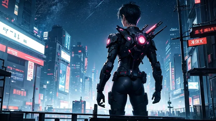 [Cyberpunk Style][anime　Ghibli style]Ruined City、The city lights are quietly going out。Standing in the palm of a giant robot、Back view of a little boy。The background is night、The rain is falling sadly。The stars are shining in the night sky。The little birds...