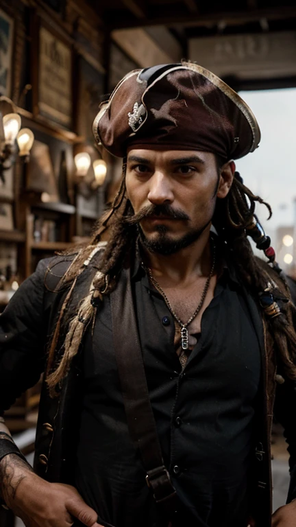 1 homme, 29 ans, peau noire, cheveux noirs, dreadlocks, barbu, moustache, habillé en pirate du 18ème siècle, air sérieux