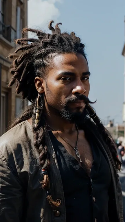 1 homme, 29 ans, type afro-américain, cheveux noirs, dreadlocks, barbu, moustache, habillé en pirate du 18ème siècle, air sérieux