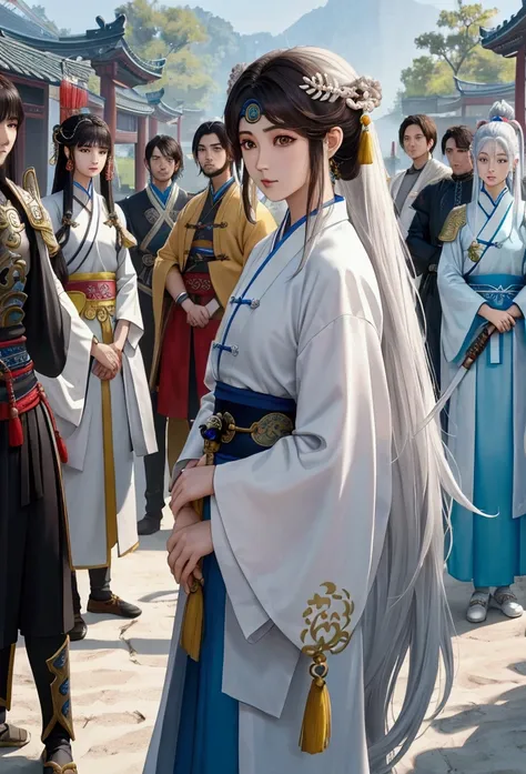 a close up of a group of people (3 girls and 4 boys) standing next to each other, game cg, xianxia fantasy, chinese fantasy, full body wuxia, chinese mmorpg, xianxia hero, korean mmo, wuxia, dynasty warriors, g liulian art style, mmorpg, by Ren Renfa, insp...