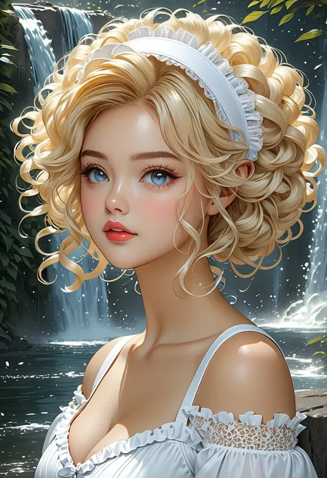 Thirst trap beautiful women, clean girl aesthetic. white tress that is girly, frilly, lacey. Her blonde hair is coarse, wiry, tightly curled, and densely packed, with a rough texture prone to frizz and tangling. White hairband. official art is an award-win...