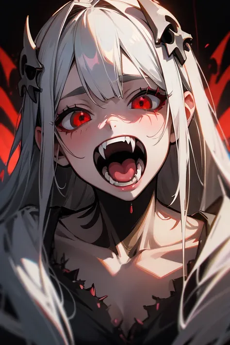 masterpiece, Highest quality, High detail, Very detailed, Anatomically correct, One woman in her 20s, Gray Hair, Long Hair, Red eyes, Slanted Eyes,, Ahegao, Double teeth,background,hell, Destructive、skull