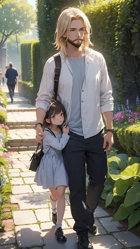 ((Best quality, 8K, masterpiece:1.3)), high detail, HD, masterpiece, epic quality, 2 people, man and girl walking, full height, blonde girl and man walking side by side in a beautiful garden, high detail of faces, drawing eyes, drawing shadows, drawing lip...