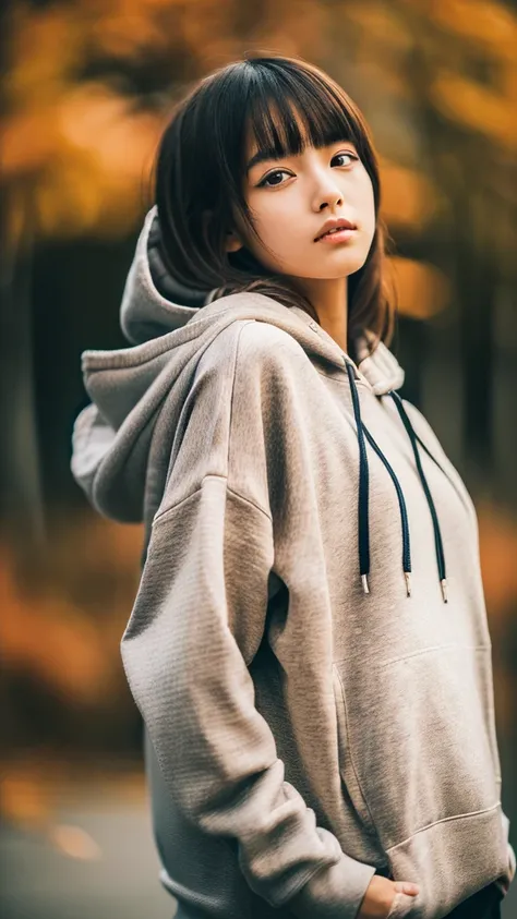 (Extreme high angle:1.3), ((Ultra high resolution, highest quality, masterpiece: 1.2), (realistic, photorealistic: 1.37), highly detailed, A young Japanes woman wearing a hoodie, casual streetwear style, modern and trendy, detailed textures in clothing, co...