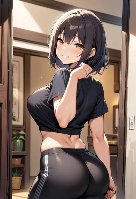 ((Best Quality)), ((masterpiece)), (detailed), 1 girl, long black hair, red locks, Brown eyes, medium large breasts, big thighs, muscular abdomen, flirty expression smiling, tight black cropped t-shirt, tight black sports pants, looking at the viewer, view...