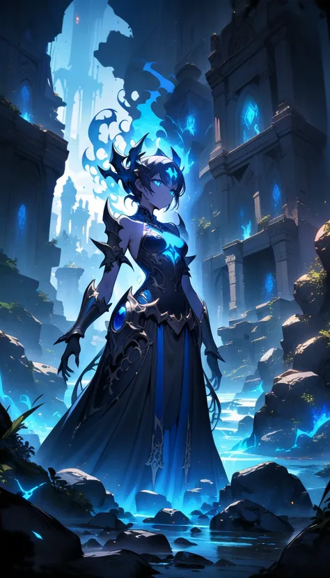 ((best quality)) , ((masterpiece)) , (detailed)，A league of legends splash art of a robot, blue glowing eyes, stone skin with blue details and magic essence flowing in it, rocky environment,Gothic style， Dark, mysterious, haunting, dramatic, ornate, detail...