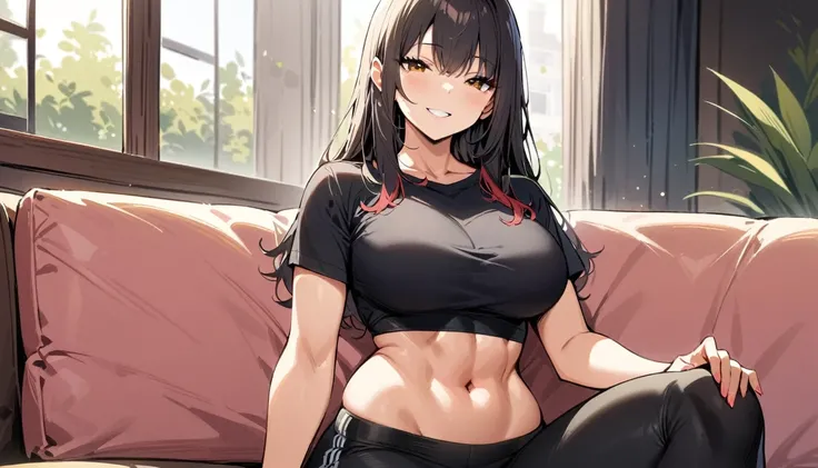 ((Best Quality)), ((masterpiece)), (detailed), 1 girl, long black hair, red locks, Brown eyes, medium large breasts, big thighs, muscular abdomen, flirty expression smiling, tight black cropped t-shirt, tight black sports pants, at home, sitting on a sofa,