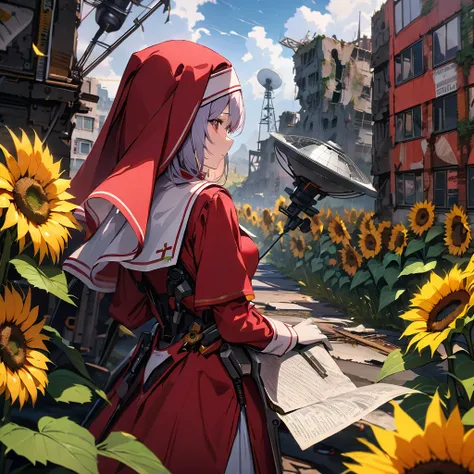 Red nun with mechanical wings, high altitude, sunflowers, ruins, satellite dish, detailed background, detailed writing, 4k, UHD, absurd, ultra quality, masterpiece,