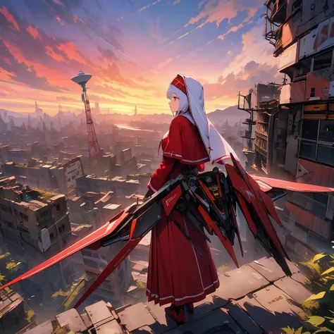 Red nun with mechanical wings, high altitude, dawn sky, ruins, satellite dish, detailed background, detailed writing, 4k, UHD, absurd, ultra quality, masterpiece,