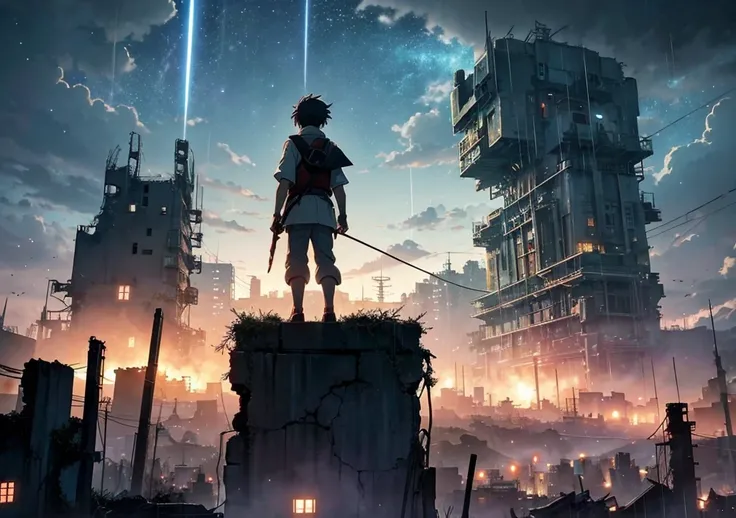 [anime　Ghibli style]The ruined city、The city is devastated by the battlefield and the lights are out。Standing in the palm of a giant robot、Back view of a little boy。The background is night、The rain is falling sadly。The stars are shining in the night sky。I ...