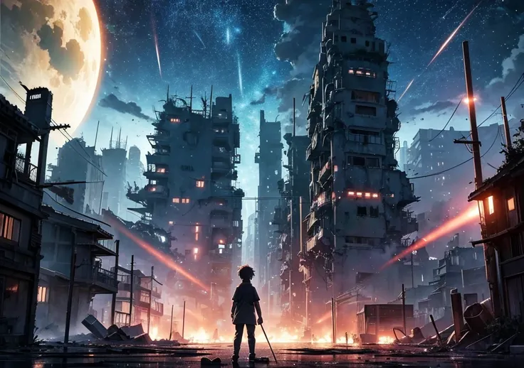 [anime　Ghibli style]The ruined city、The city is devastated by the battlefield and the lights are out。Standing in the palm of a giant robot、Back view of a little boy。The background is night、The rain is falling sadly。The stars are shining in the night sky。I ...