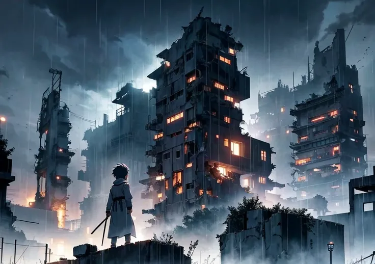 [anime　Ghibli style]The ruined city、The city is devastated by the battlefield and the lights are out。Standing in front of a huge, cool robot、Back view of a little boy。The background is night、The rain is falling sadly。The stars are shining in the night sky。...