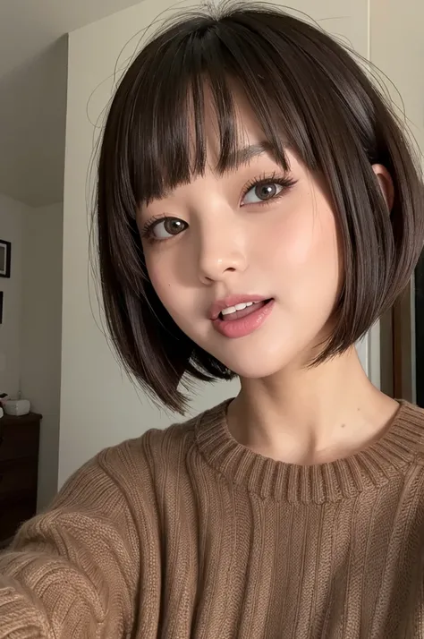 Dark brown short bob,Sticking out tongue, Selfie