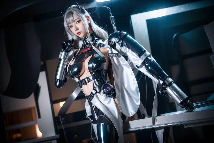 Super Detail, High Detail, high quality, best quality, High resolution，a female robot，Beautiful female robot,beautiful clear face(Rain waves_haneame：1.5)，mechanical body(whole body，body curve，Large size chest)，silver machine armor(Heavy，Full of mechanical ...