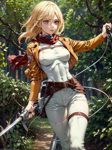 Historia, small breasts, , belt, thigh strap, red scarf, white pants, brown jacket, holding weapon, sword, dual wielding, three-dimensional maneuver gear, damaged  , in the deep forest, in the battle with titan, stunning innocent symmetry face, the perfect...