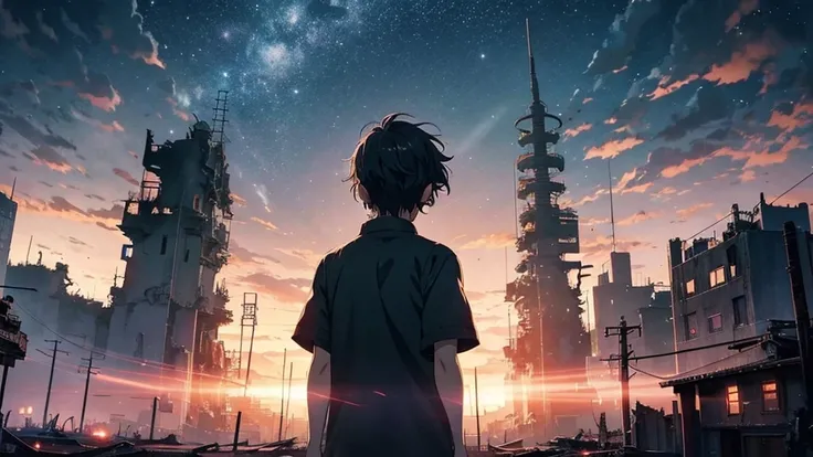 [anime　Ghibli style]The ruined city、The city is devastated by the battlefield and the lights are out。Right in front of a huge, cool robot、Back view of a little boy。The background is night、The rain is falling sadly。The stars are shining in the night sky。I w...