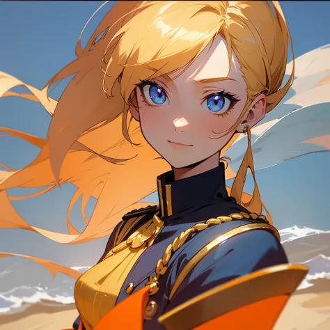 "A historical portrait scene featuring an anime-style female character with blonde hair and blue eyes, wearing a Napoleonic-inspired uniform in navy blue with gold details. She has a confident expression and holds a piece of wood, drawing in the sand on a ...