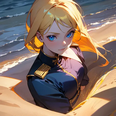 "A historical portrait scene featuring an anime-style female character with blonde hair and blue eyes, wearing a Napoleonic-inspired uniform in navy blue with gold details. She has a confident expression and holds a piece of wood, drawing in the sand on a ...