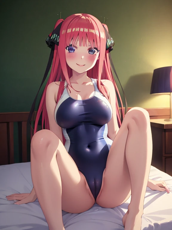 best quality, insanely detailed, nino nakano, breasts, blush, bedroom background, looking at viewer, pussy, smile, school one-piece swimsuit, cheerful eye, Gymnastics leg spread