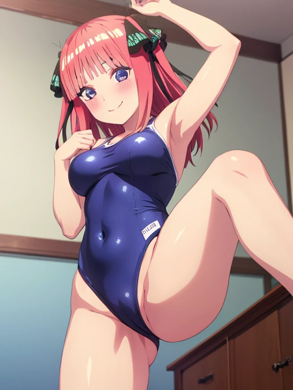 best quality, insanely detailed, nino nakano, breasts, blush, bedroom background, looking at viewer, pussy, smile, school one-piece swimsuit, cheerful eye, Gymnastics leg spread