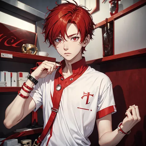 red hair boy, completely white eye, white and red shirt with the letter L, red and white bracelet 