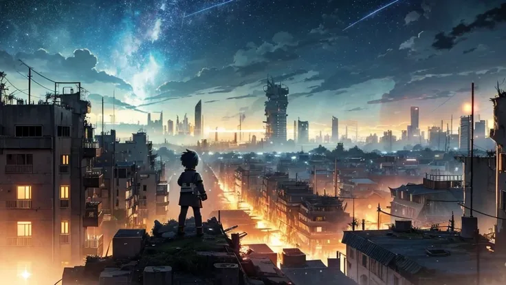 [anime　Ghibli style]The ruined city、The city is devastated by the battlefield and the lights are out。Right in front of a huge, cool robot、Back view of a little boy。The background is night、The rain is falling sadly。The stars are shining in the night sky。I w...