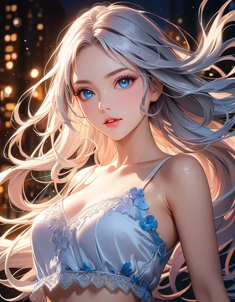 elegant young woman with long silver hair and vibrant blue eyes, wearing a short white camisole and cropped shirt, detailed face and body, beautiful detailed eyes, beautiful detailed lips, extremely detailed eyes and face, long eyelashes, illustration, ani...