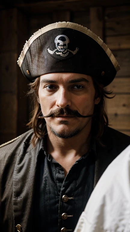 1 homme, 47 ans, caucasien, capitaine de pirate, tricorne, cheveux bruns, barbe, moustache, pirate du 18ème siècle,