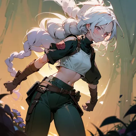 1female, sexy, young teen, finely detailed rose eyes, wild long hair, braided hair, white color hair, adventurer gear, crop top sweater, baggy combat pants, night time, dark forest, somber expression, angry, flowers, standing on path, lanturns, black armba...