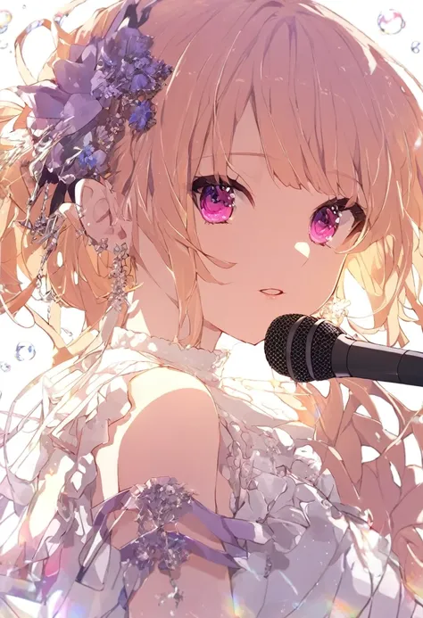 Beautiful girl singing in a flowy white dress bubbles falling around her  Nozomi tojo